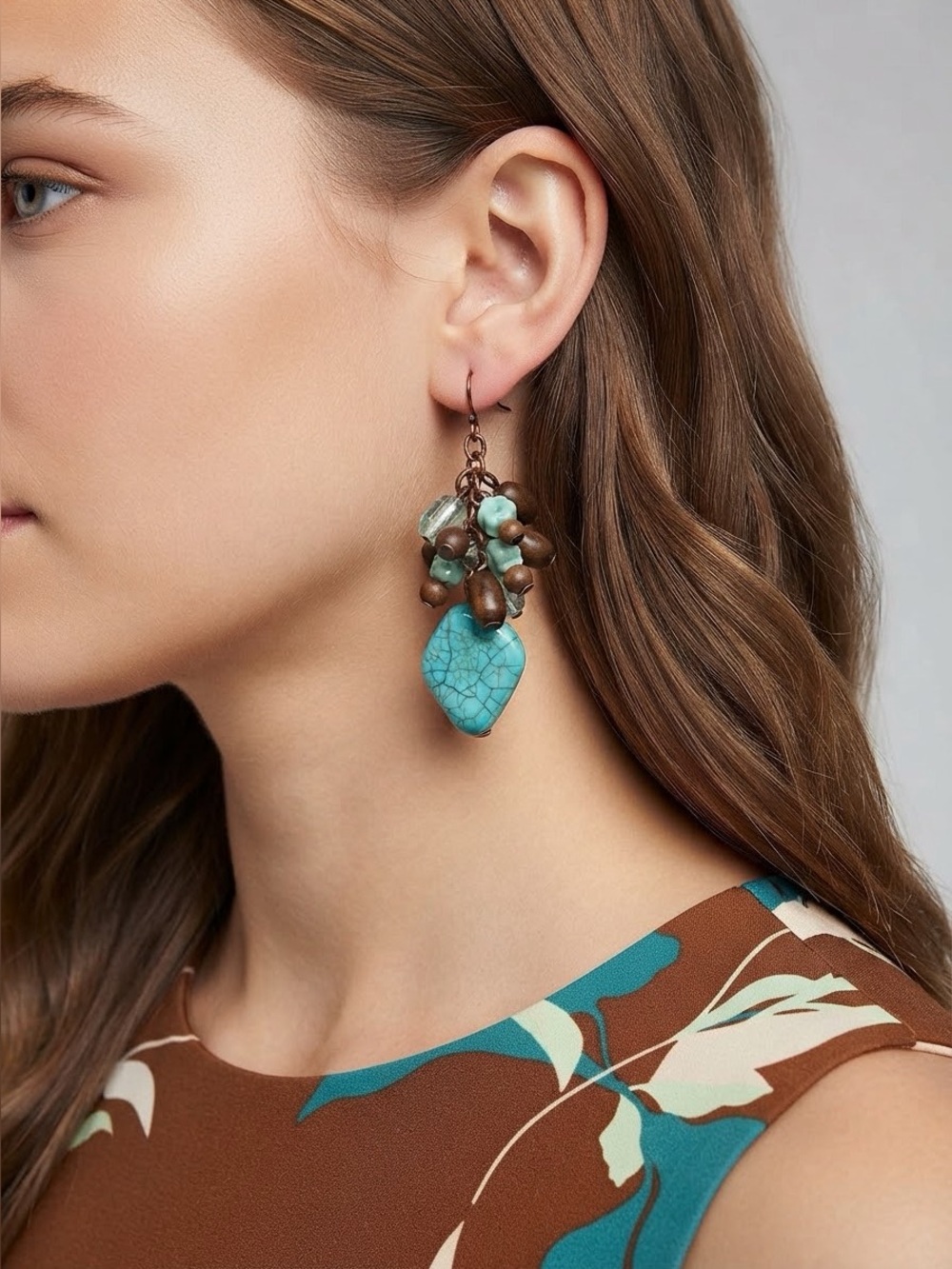 Boho Turquoise Dangle Earrings | Brown Wood Aqua Glass Antique Copper Earrings